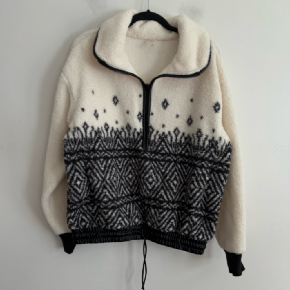Cali XS Black White Sherpa Fleece Half Zip Pullover Jacket Contrast faux Leather